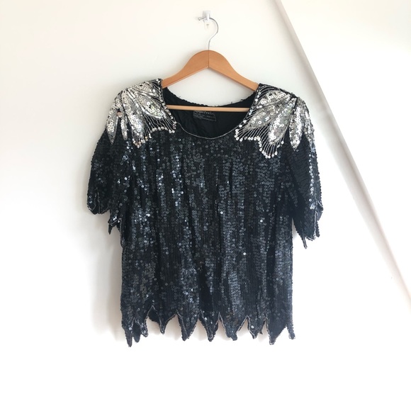 Royal Feelings Tops - VTG ROYAL FEELINGS blouse Silk Bead sequin Black Silver DYNASTY SZ M 80s Formal